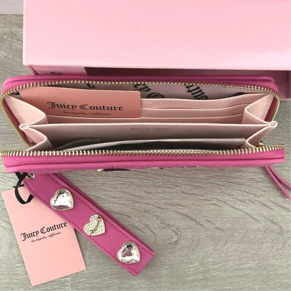 Juicy Couture Pink Heart-Quilted Bedazzled Heart Strap Wallet Zip Closure - Picture 6 of 8